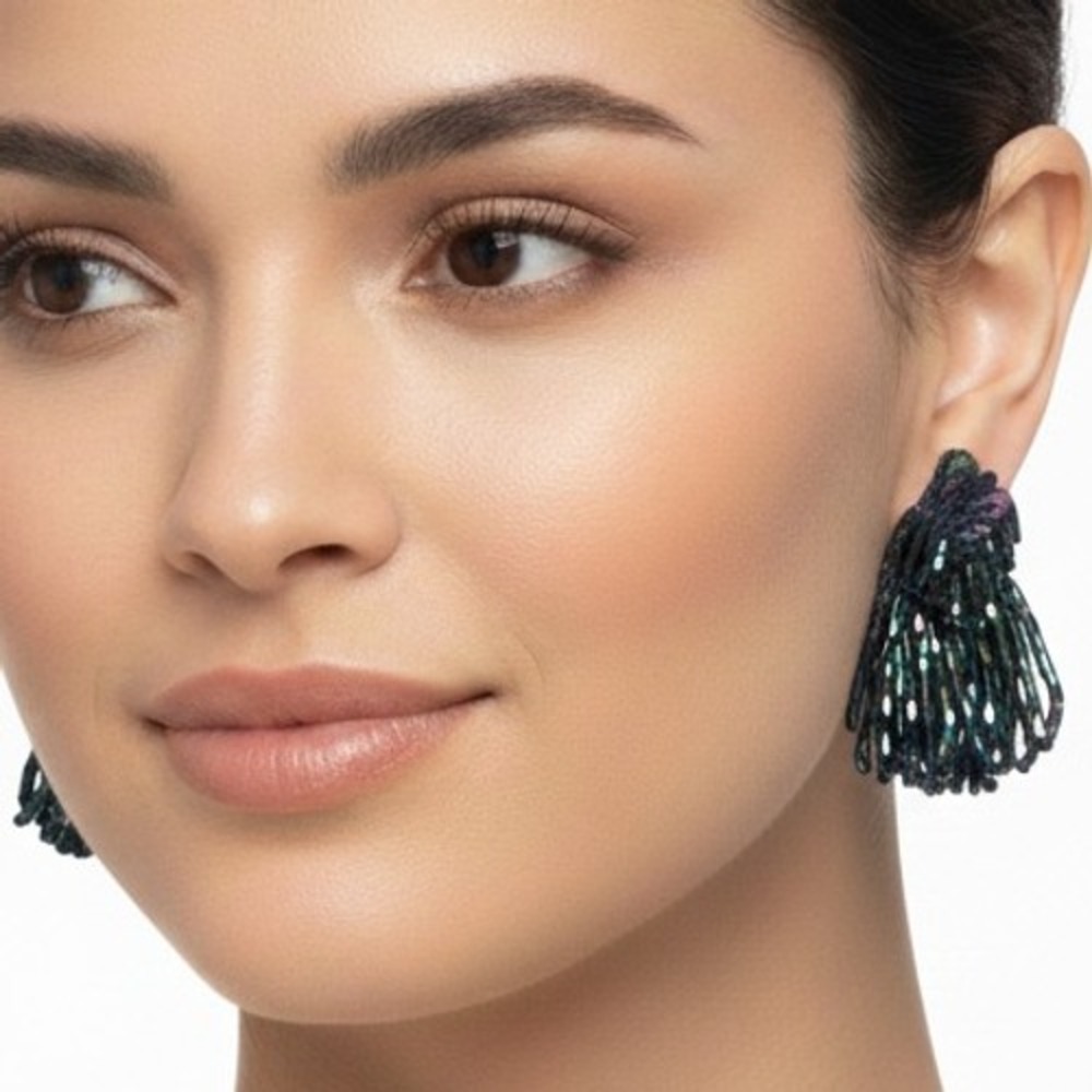 Sequin Beaded Tassel‎ Clip On Earrings Black Green Vintage SKUJ088